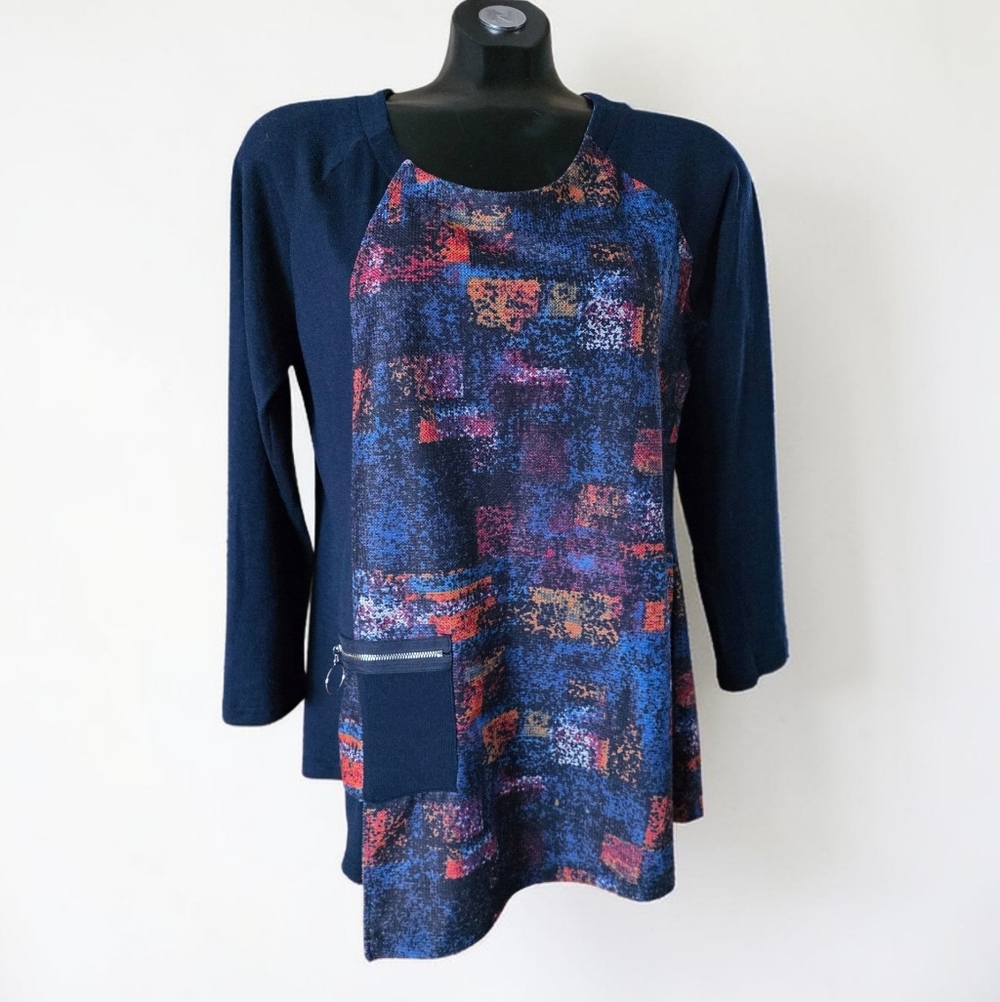 Colourful Patchwork Asymetrical Hem Long Sleeve Women's Tunic Top Size M